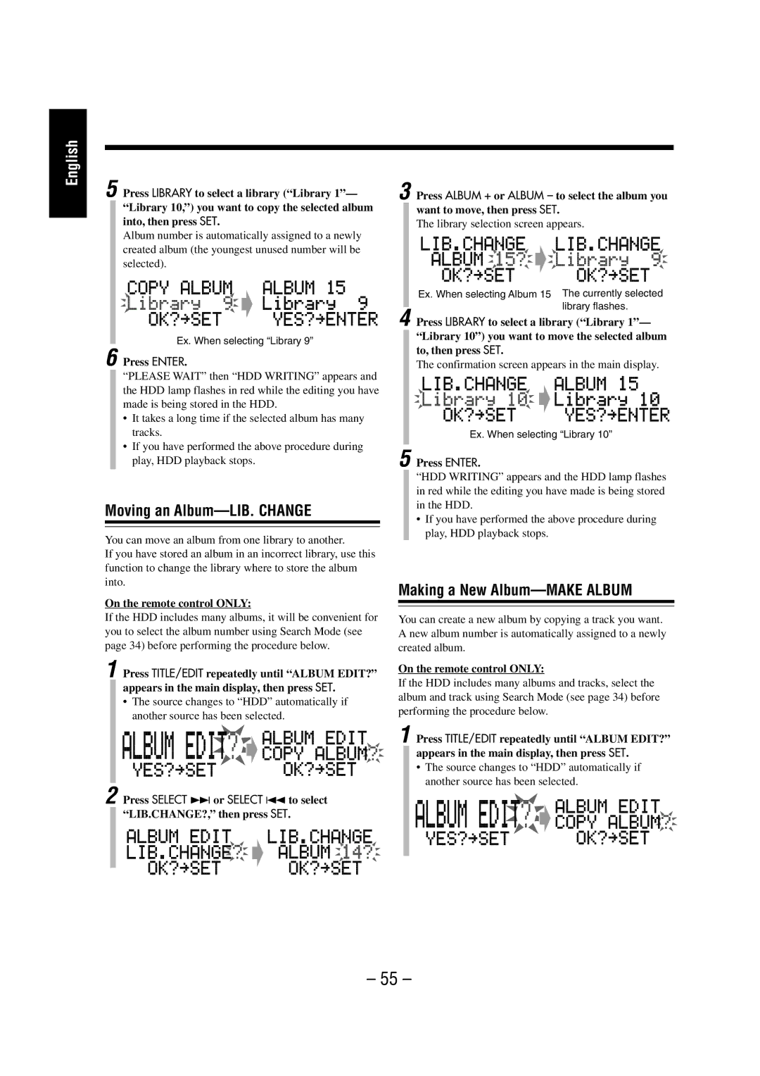 JVC NX-HD10 manual Moving an Album-LIB. Change, Making a New Album-MAKE Album, Press Select ¢or Select 4to select 