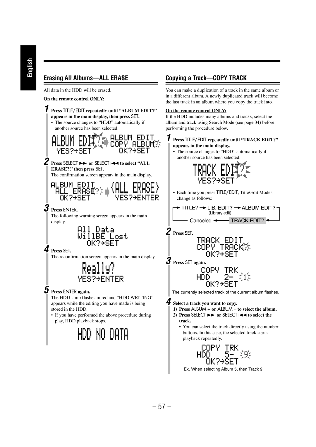 JVC NX-HD10 manual Erasing All Albums-ALL Erase, Copying a Track-COPY Track, Press Enter again, Press SET Press SET again 