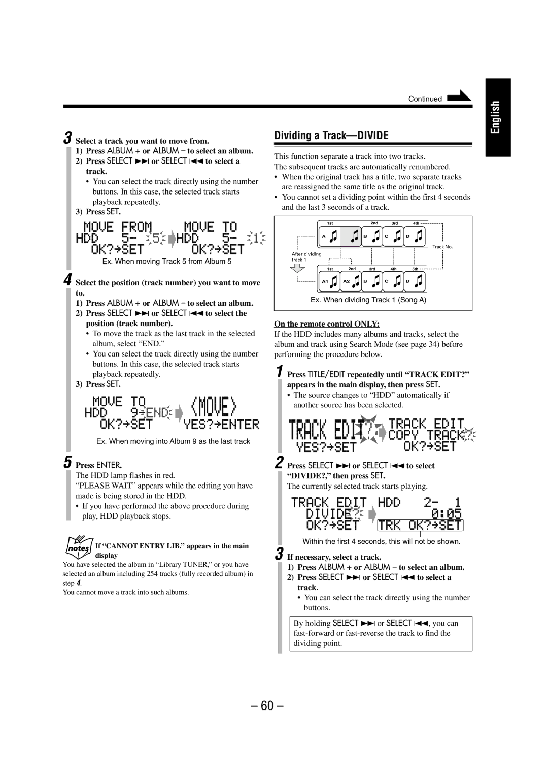 JVC NX-HD10 manual Dividing a Track-DIVIDE, Press Select ¢or Select 4to select DIVIDE?, then press SET 