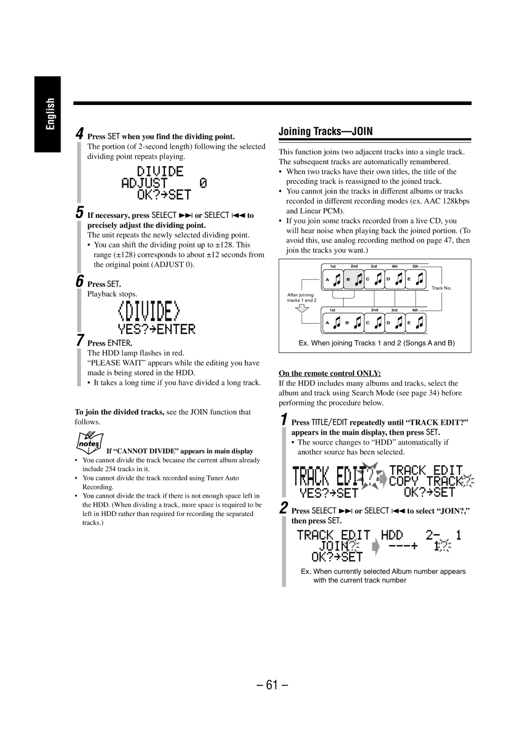 JVC NX-HD10 manual Joining Tracks-JOIN, Press SET when you find the dividing point 