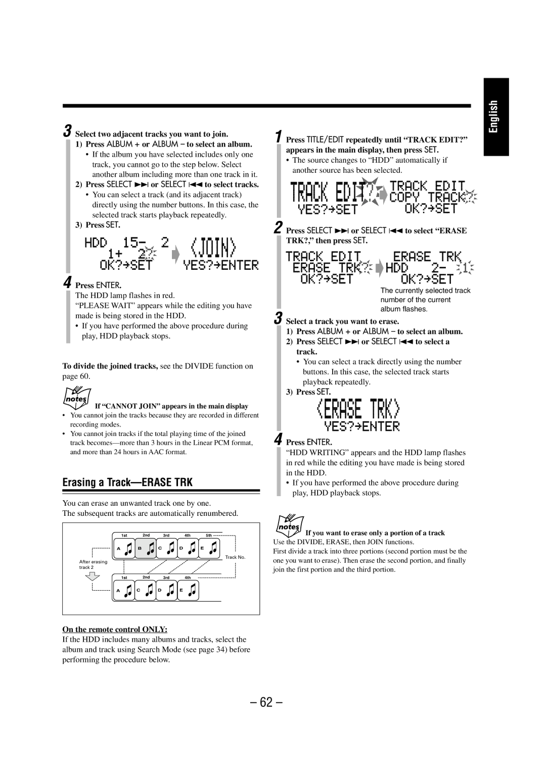 JVC NX-HD10 manual Erasing a Track-ERASE TRK, Press Select ¢or Select 4to select tracks, Press SET Press Enter 