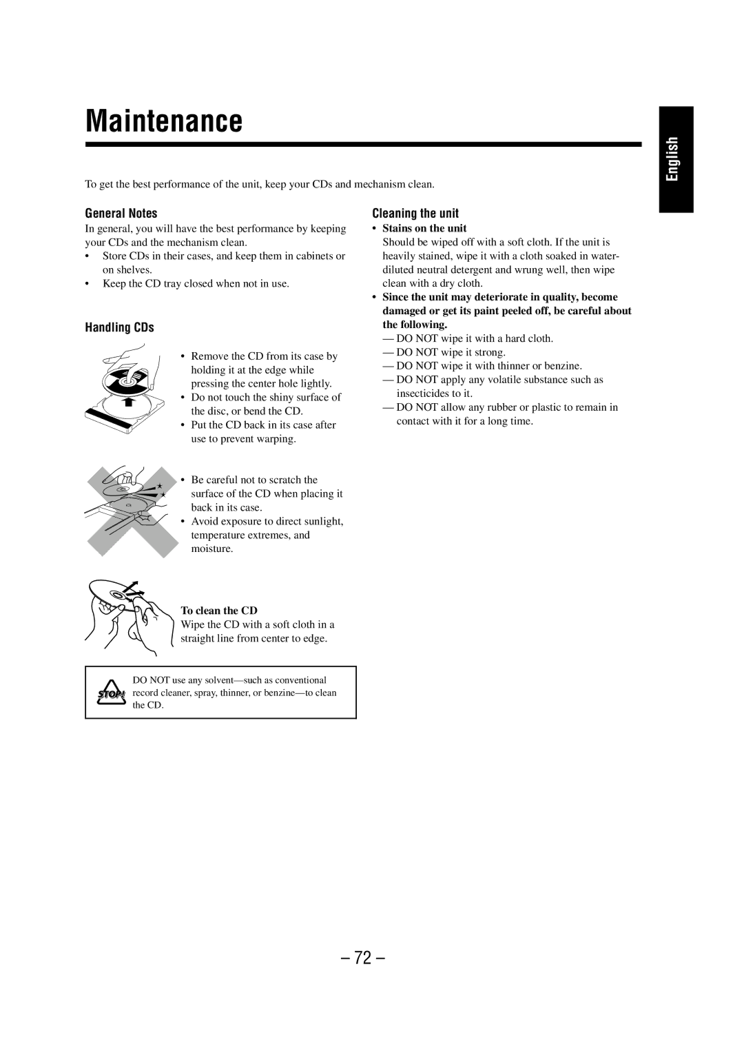 JVC NX-HD10 manual Maintenance, General Notes, Handling CDs, Cleaning the unit 