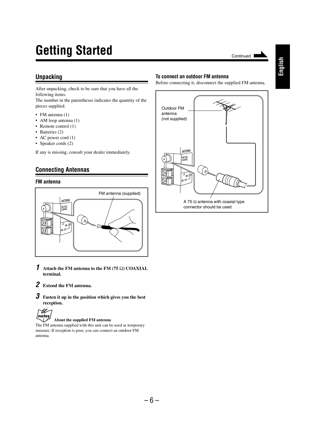 JVC NX-HD10 manual Getting Started, Unpacking, Connecting Antennas, To connect an outdoor FM antenna 