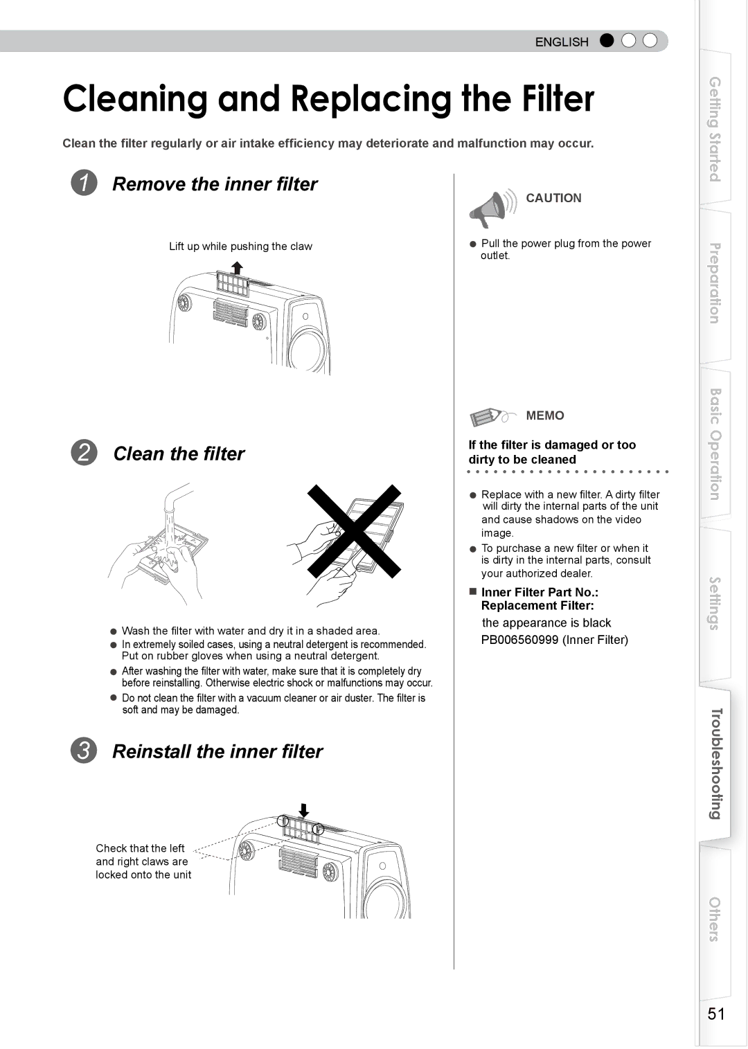 JVC PB006585599-1, DLA-RS0, 1108TTH-AO-AO manual Cleaning and Replacing the Filter 