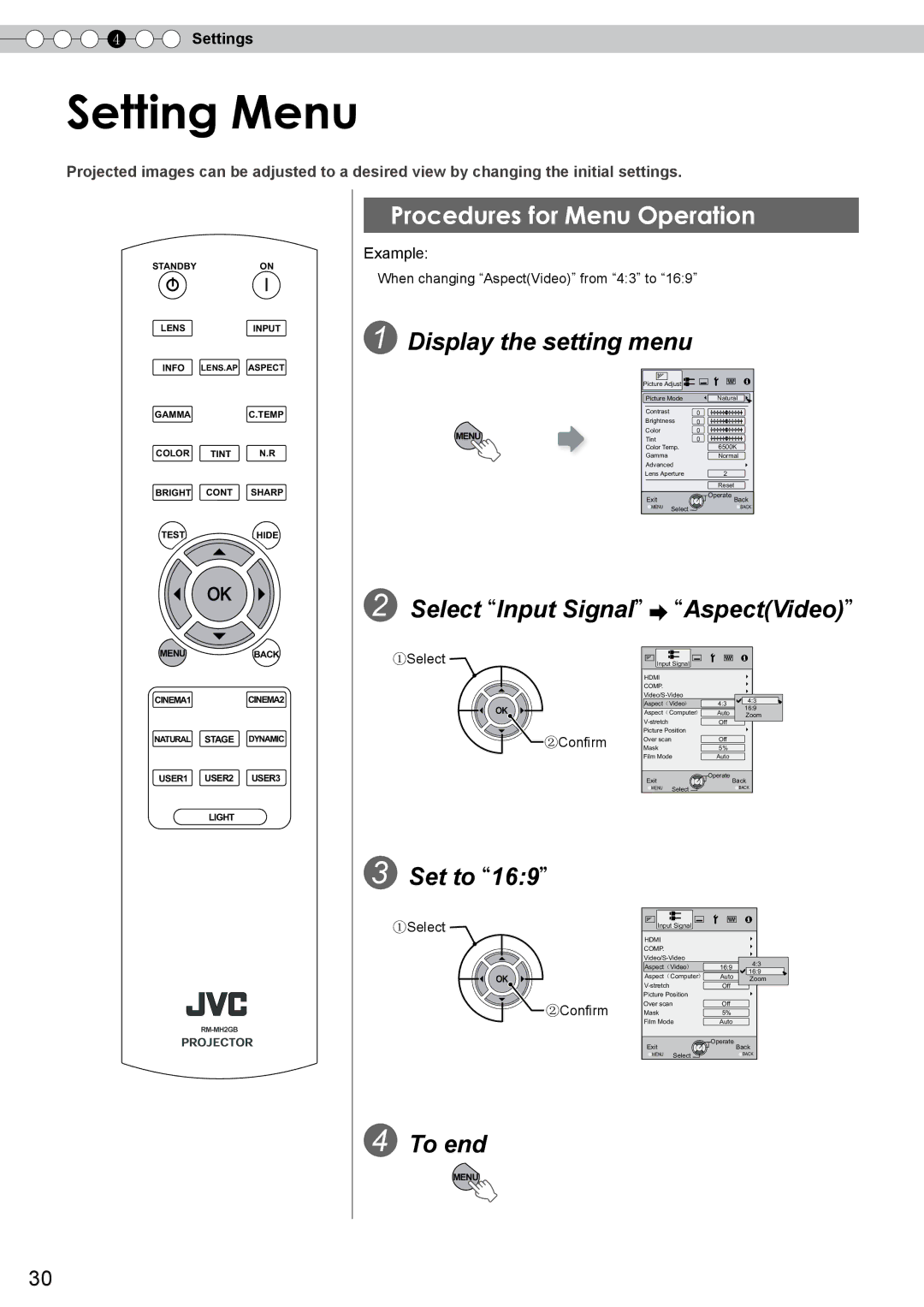 JVC PB006585599-1, DLA-RS0, 1108TTH-AO-AO manual Setting Menu, Procedures for Menu Operation, Settings, Example 