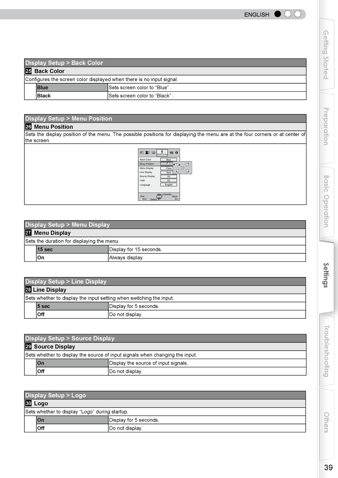 JVC PB006585599-1 Display Setup Back Color, Display Setup Menu Position, Display Setup Menu Display, Display Setup Logo 