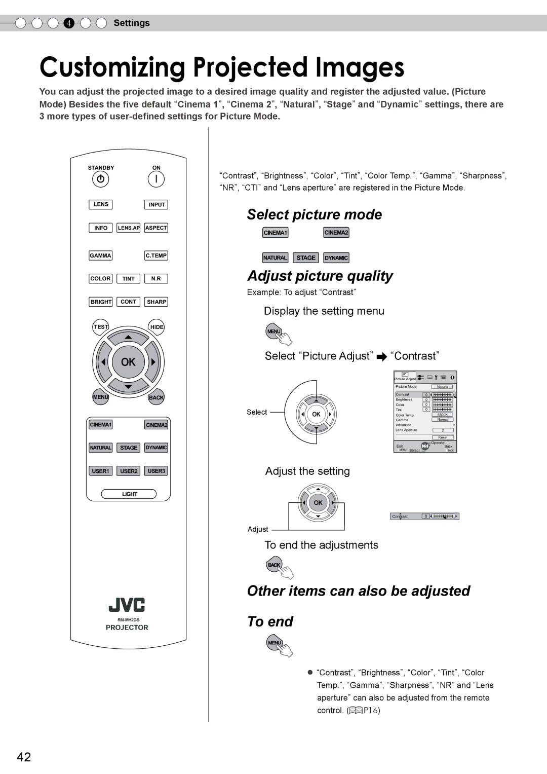 JVC PB006585599-1, DLA-RS0, 1108TTH-AO-AO manual Customizing Projected Images, Changing the Initial Setting Picture Mode 