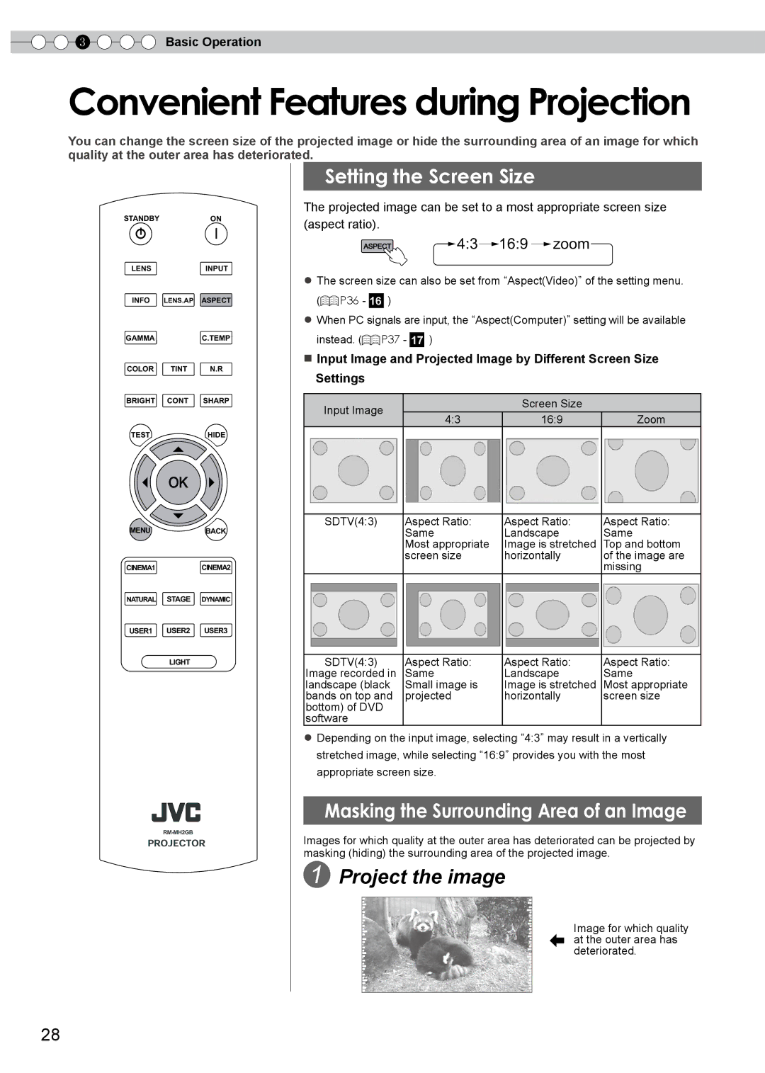 JVC DLA-RS0, PB006585599-1, 1108TTH-AO-AO manual Convenient Features during Projection, Setting the Screen Size 