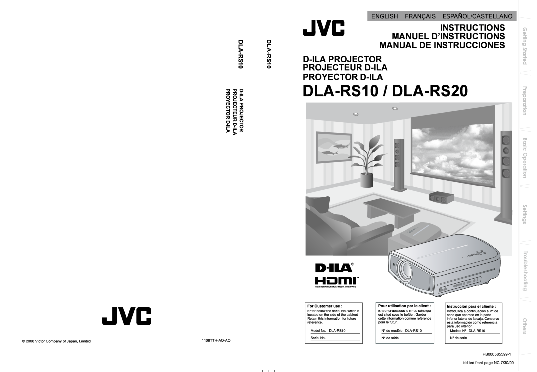 JVC DLA-RS0 manual DLA-RS2, Manuel D’Instructions, Manual De Instrucciones, D-Ila Projector, Projecteur D-Ila, Started 