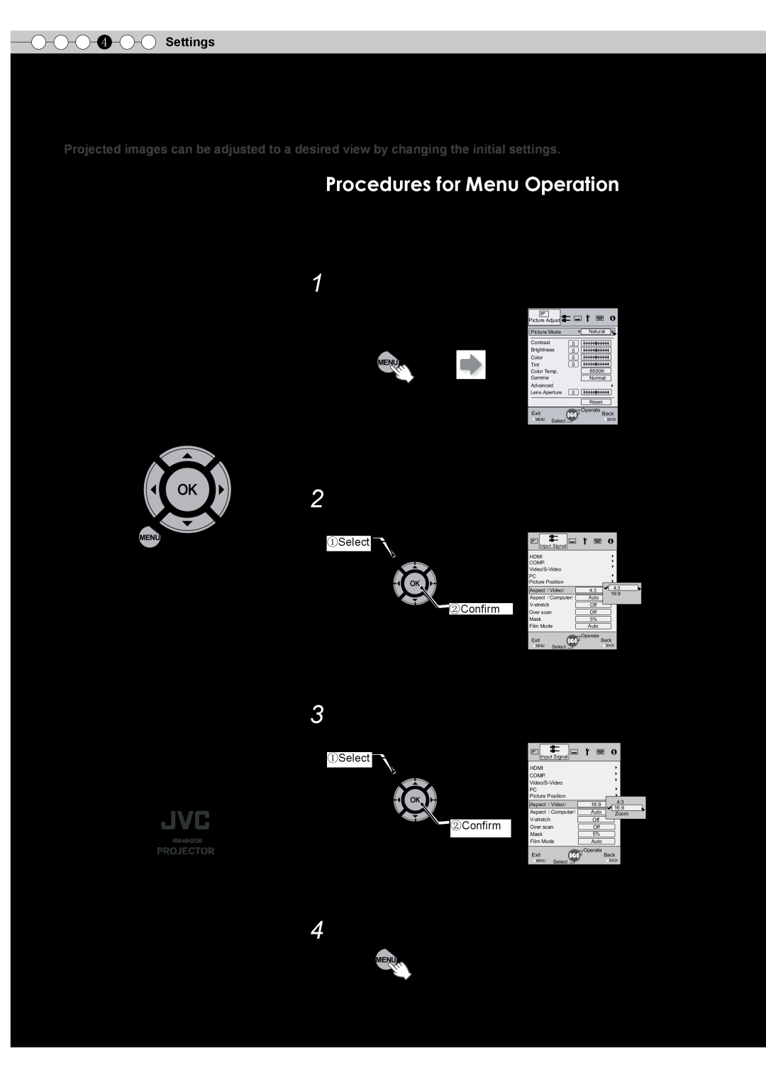 JVC PB006585599-1 Setting Menu, Procedures for Menu Operation, Display the setting menu, Set to “169”, To end, RM-MH2GB 