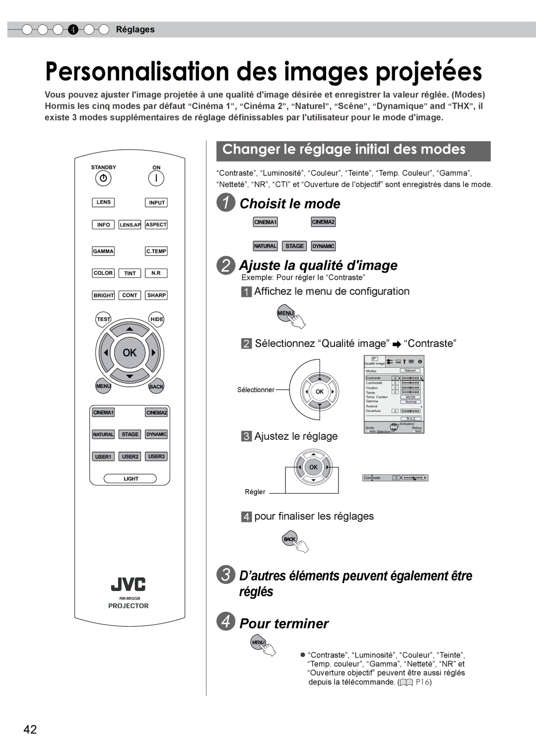 JVC PB006596599-0 manual Personnalisation des images projetées, Changer le réglage initial des modes, Choisit le mode 