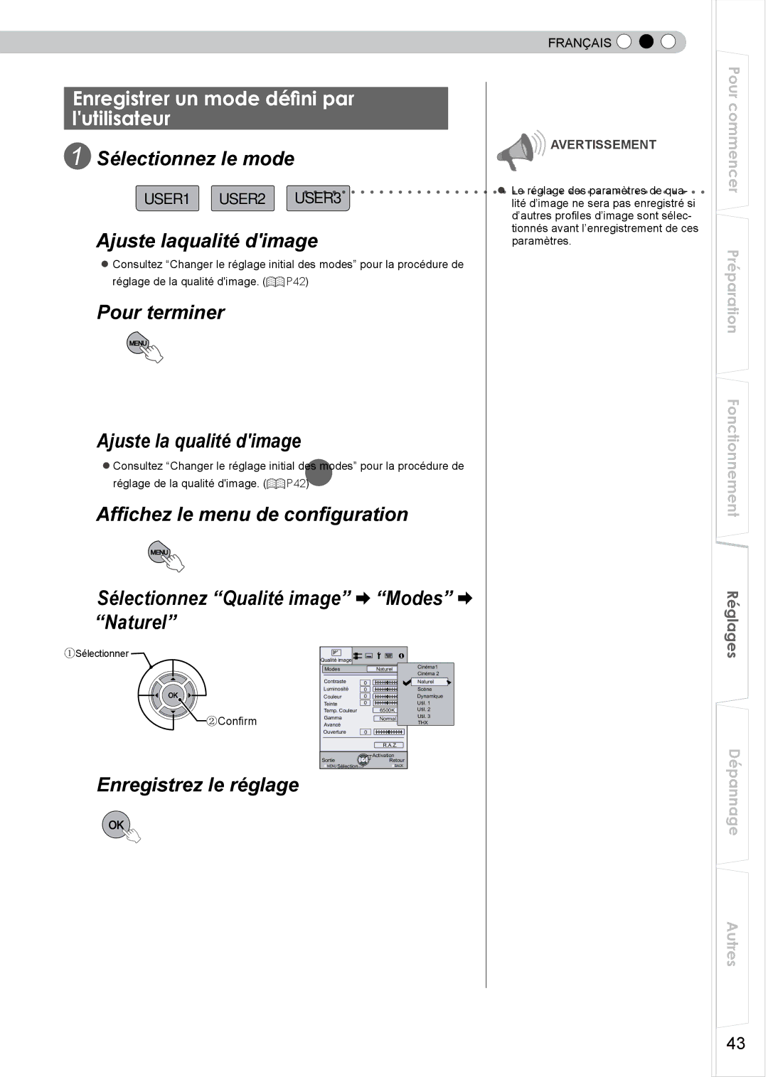 JVC PB006596599-0 manual Enregistrer un mode défini par lutilisateur dans le Menu 