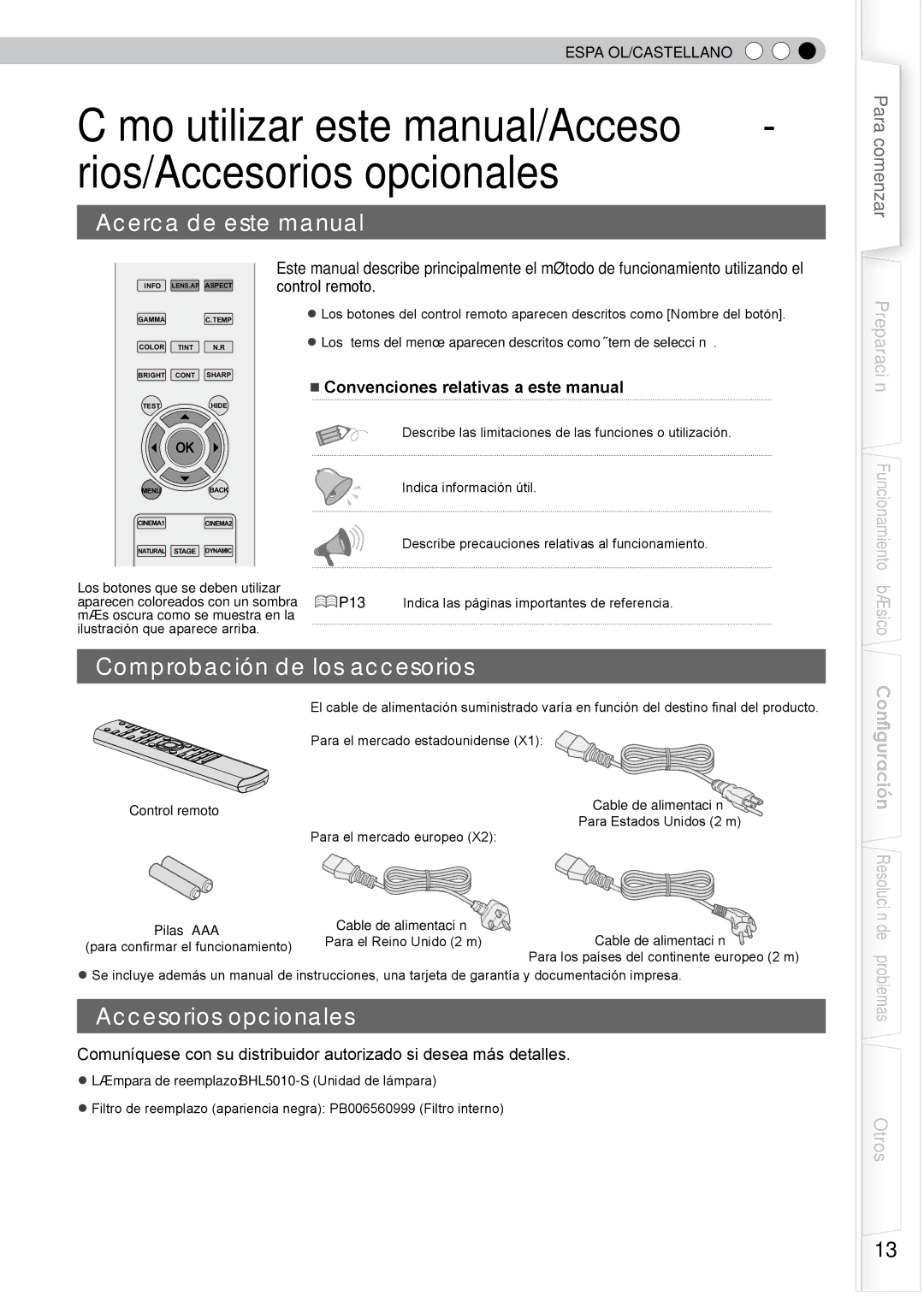 JVC PB006596599-0 Acerca de este manual, Comprobación de los accesorios, Accesorios opcionales 