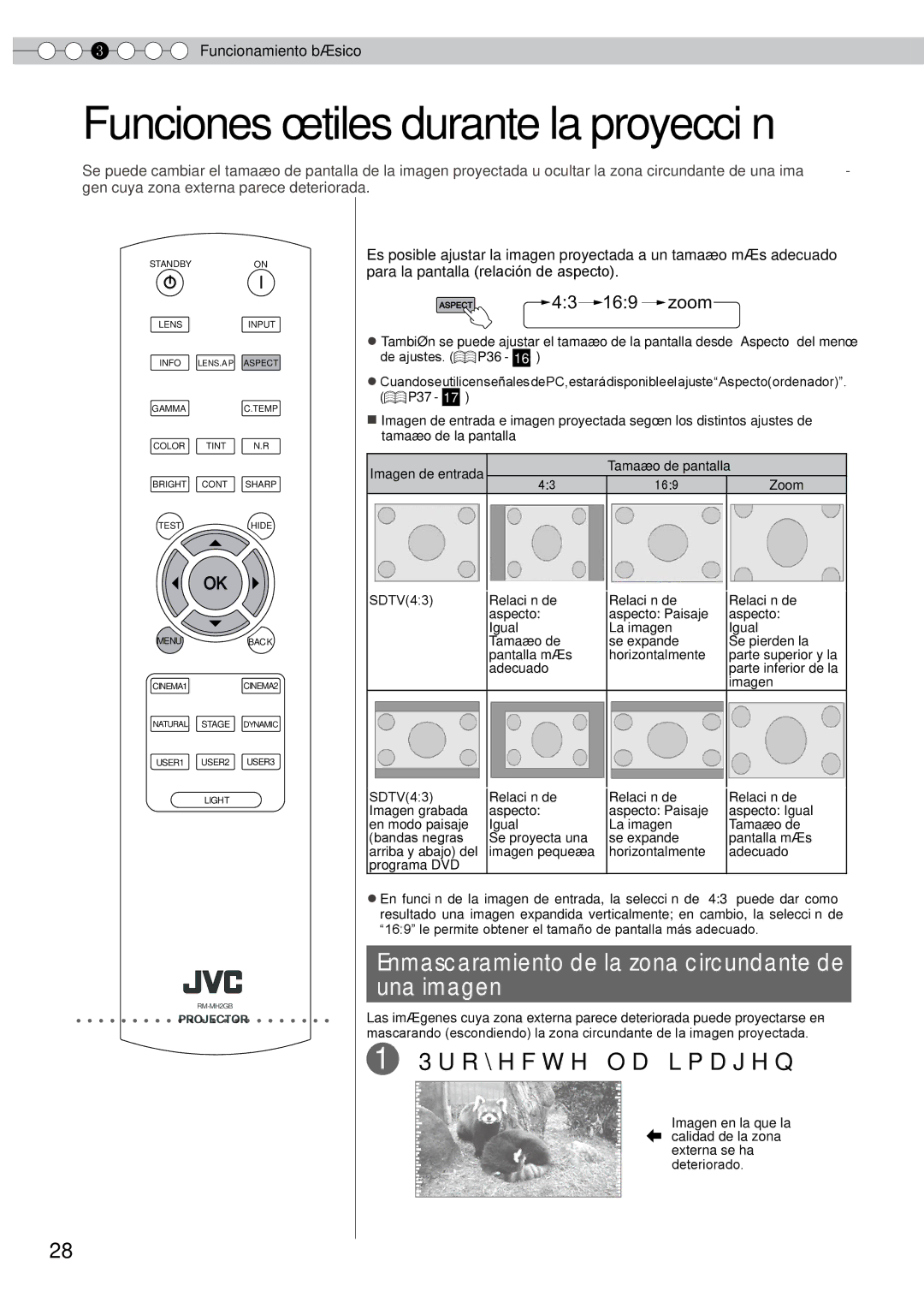 JVC PB006596599-0 manual Ajuste del tamaño de la pantalla, Enmascaramiento de la zona circundante de una imagen 