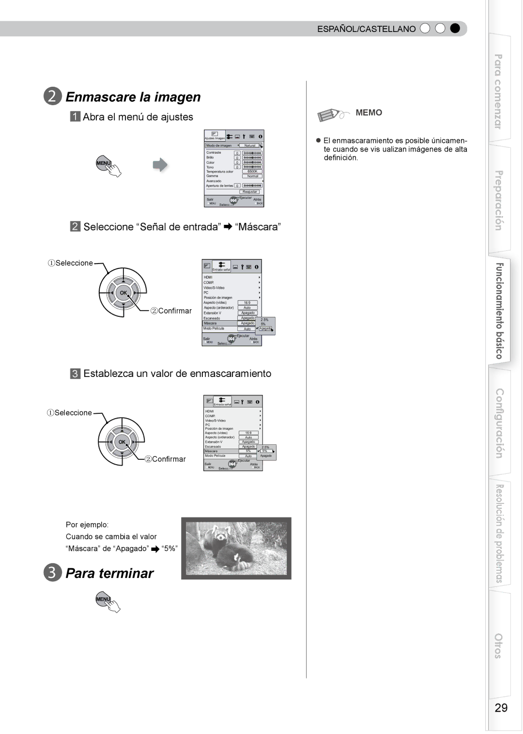 JVC PB006596599-0 manual Enmascare la imagen, Para terminar, Abra el menú de ajustes, Seleccione Señal de entrada Máscara 