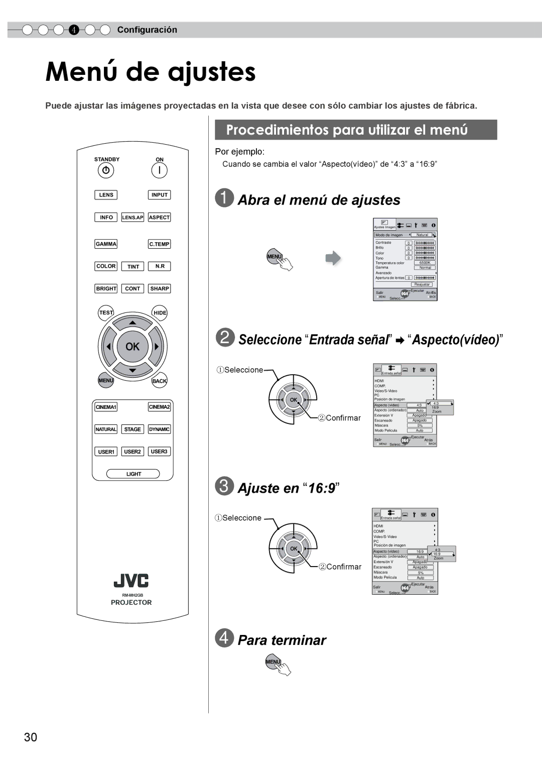 JVC PB006596599-0 Menú de ajustes, Procedimientos para utilizar el menú, Abra el menú de ajustes, Ajuste en, Configuración 