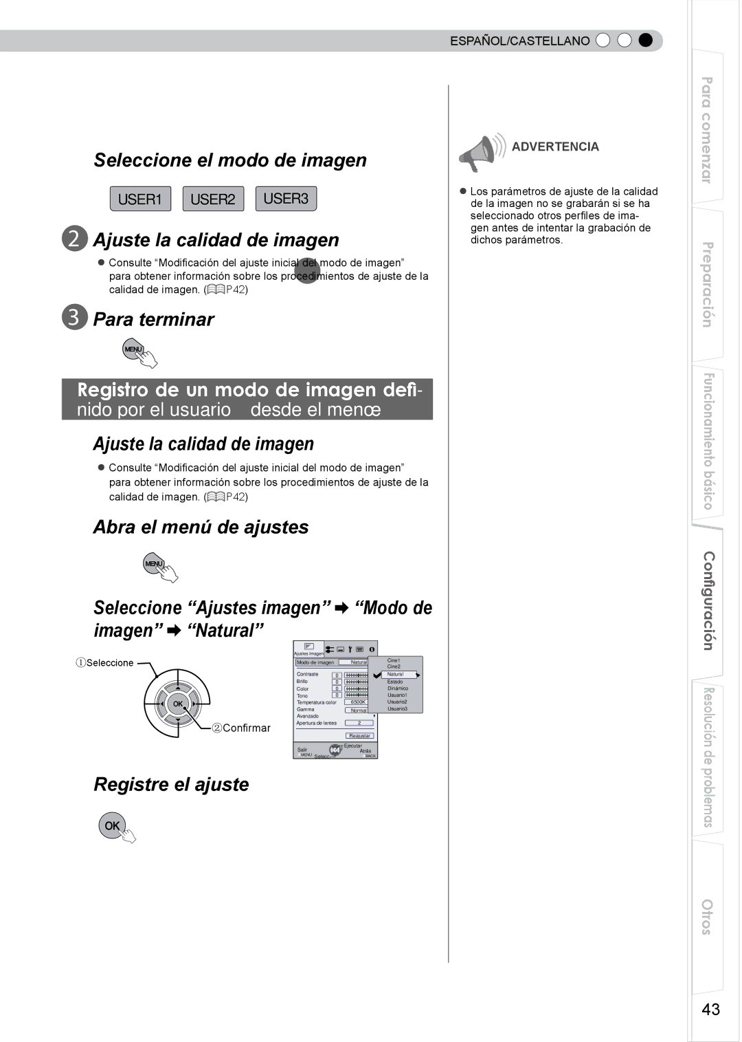 JVC PB006596599-0 Registro de un modo de imagen defini- do por el usuario, Ajuste la calidad de imagen, Registre el ajuste 