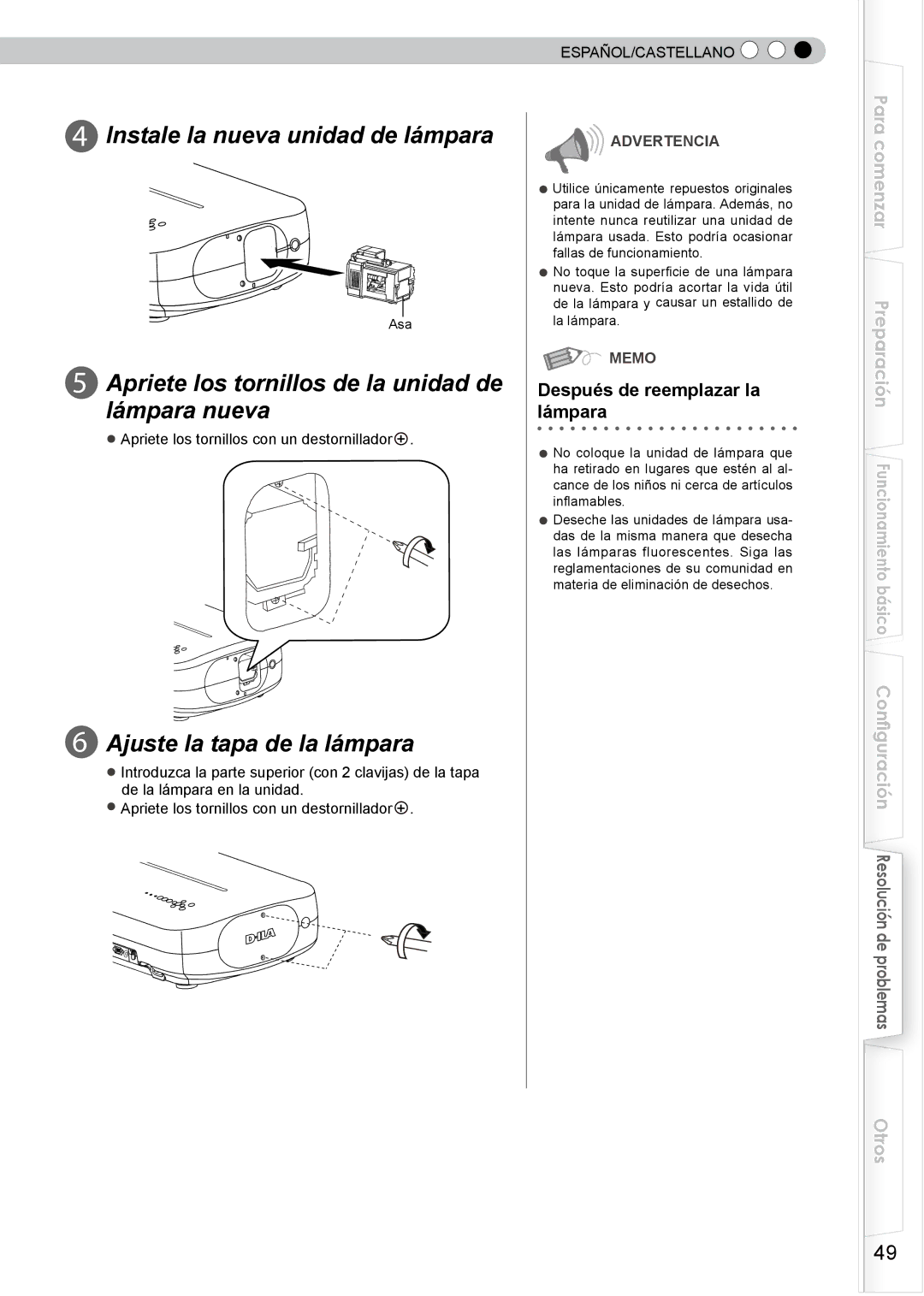 JVC PB006596599-0 manual Instale la nueva unidad de lámpara, Apriete los tornillos de la unidad de lámpara nueva 