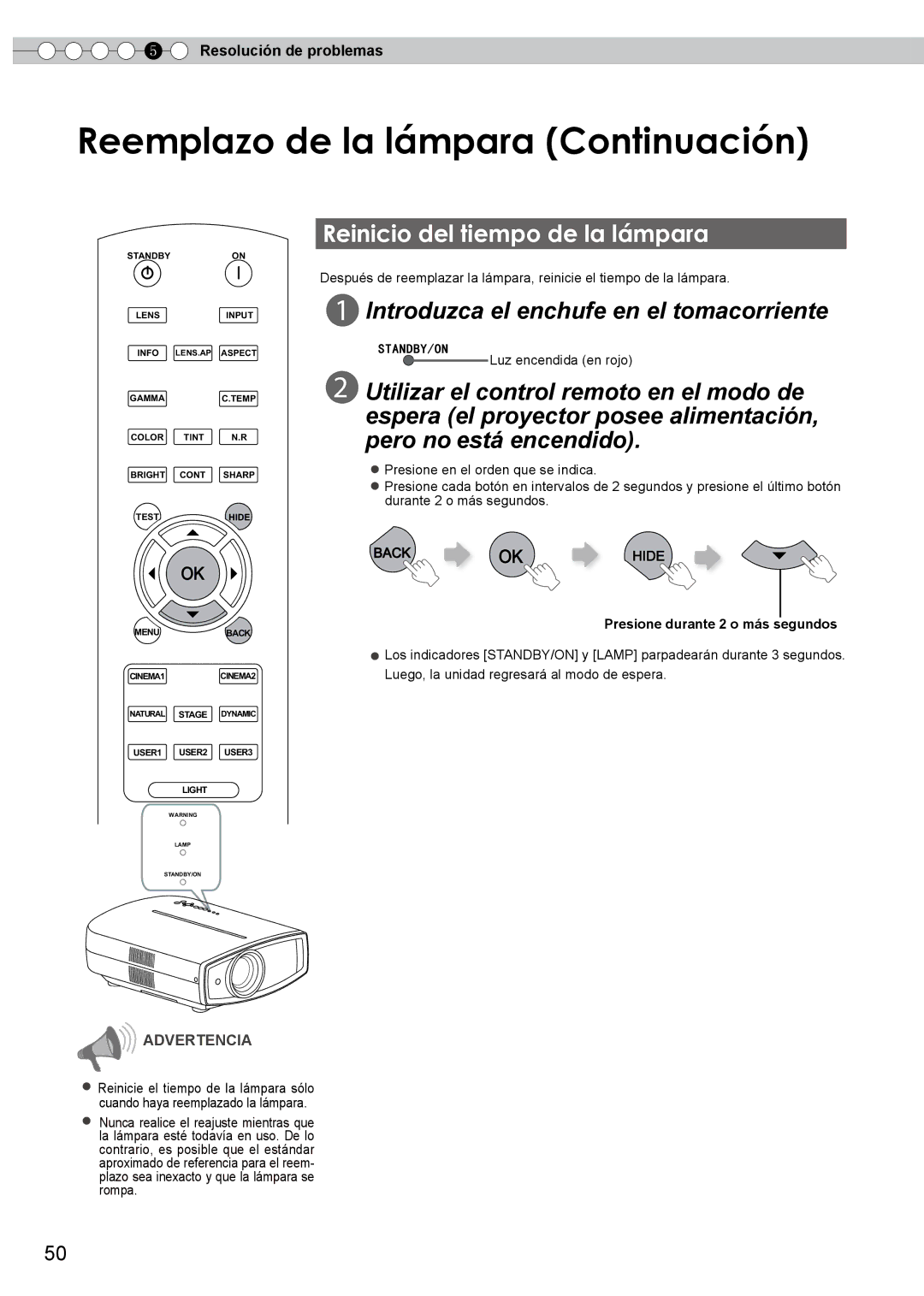 JVC PB006596599-0 manual Reemplazo de la lámpara Continuación, Reinicio del tiempo de la lámpara 