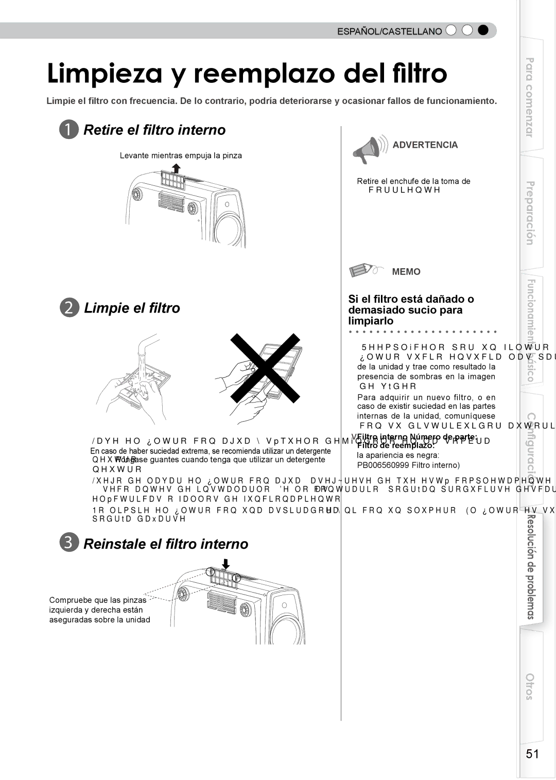 JVC PB006596599-0 Limpieza y reemplazo del filtro, Retire el filtro interno, Limpie el filtro, Reinstale el filtro interno 