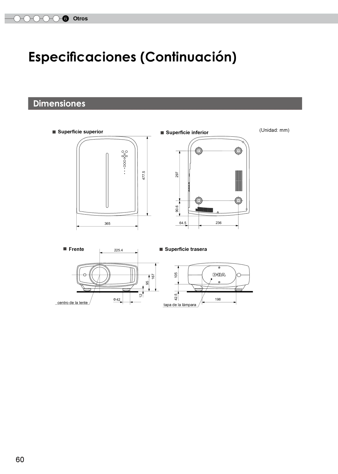 JVC PB006596599-0 manual Especificaciones Continuación, Dimensiones, Superficie superior Superficie inferior, Frente 