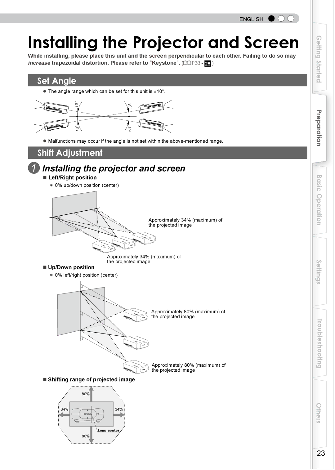 JVC PB006596599-0 Installing the Projector and Screen, Set Angle, Shift Adjustment, Installing the projector and screen 