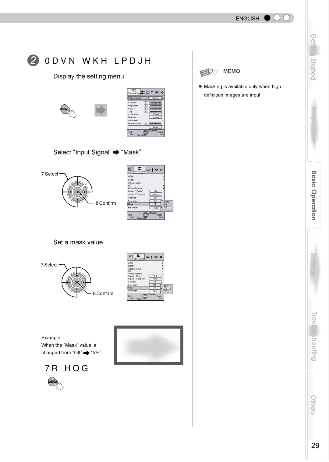 JVC PB006596599-0 manual Mask the image, To end, Display the setting menu, Select Input Signal Mask, Set a mask value 