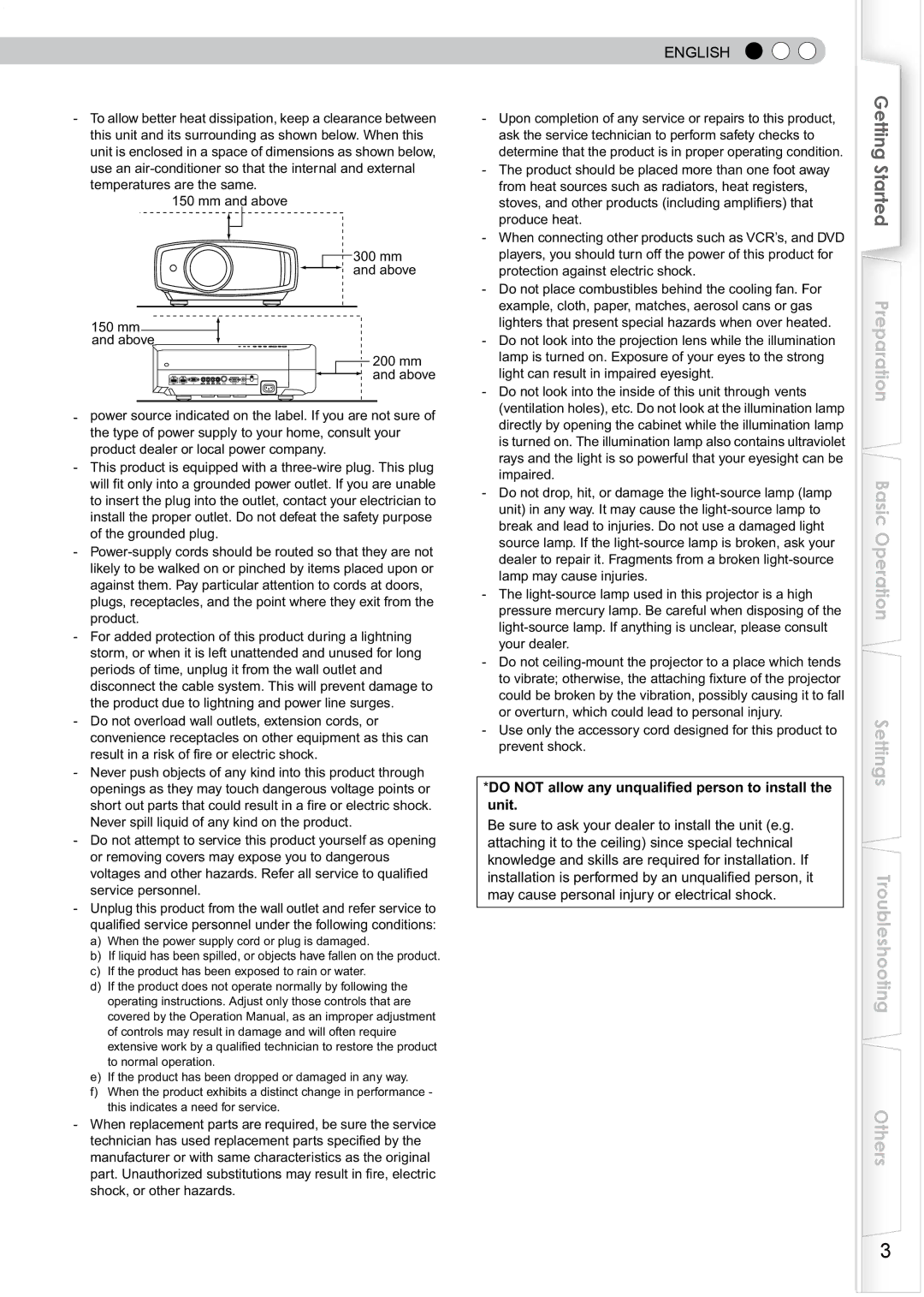 JVC PB006596599-0 manual English, Do not allow any unqualified person to install the unit 