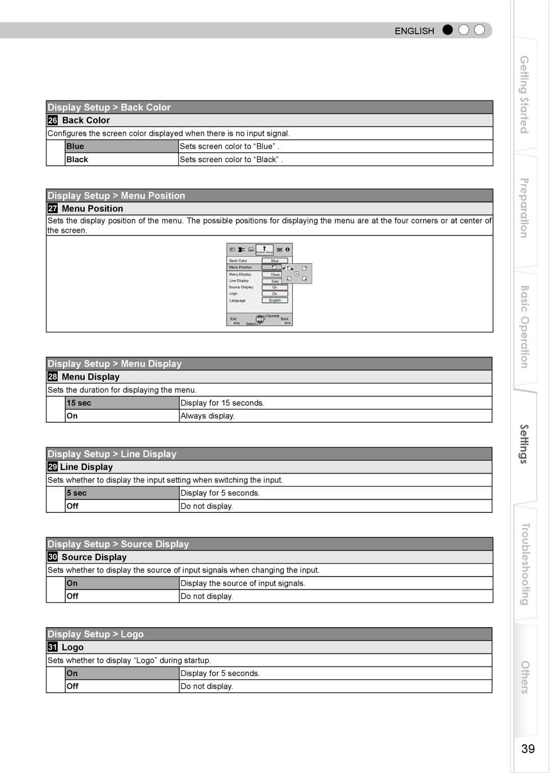 JVC PB006596599-0 Display Setup Back Color, Display Setup Menu Position, Display Setup Menu Display, Display Setup Logo 