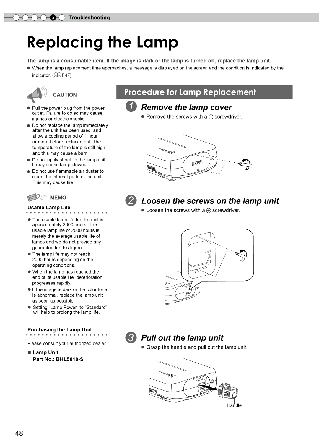 JVC PB006596599-0 Replacing the Lamp, Remove the lamp cover, Loosen the screws on the lamp unit, Pull out the lamp unit 