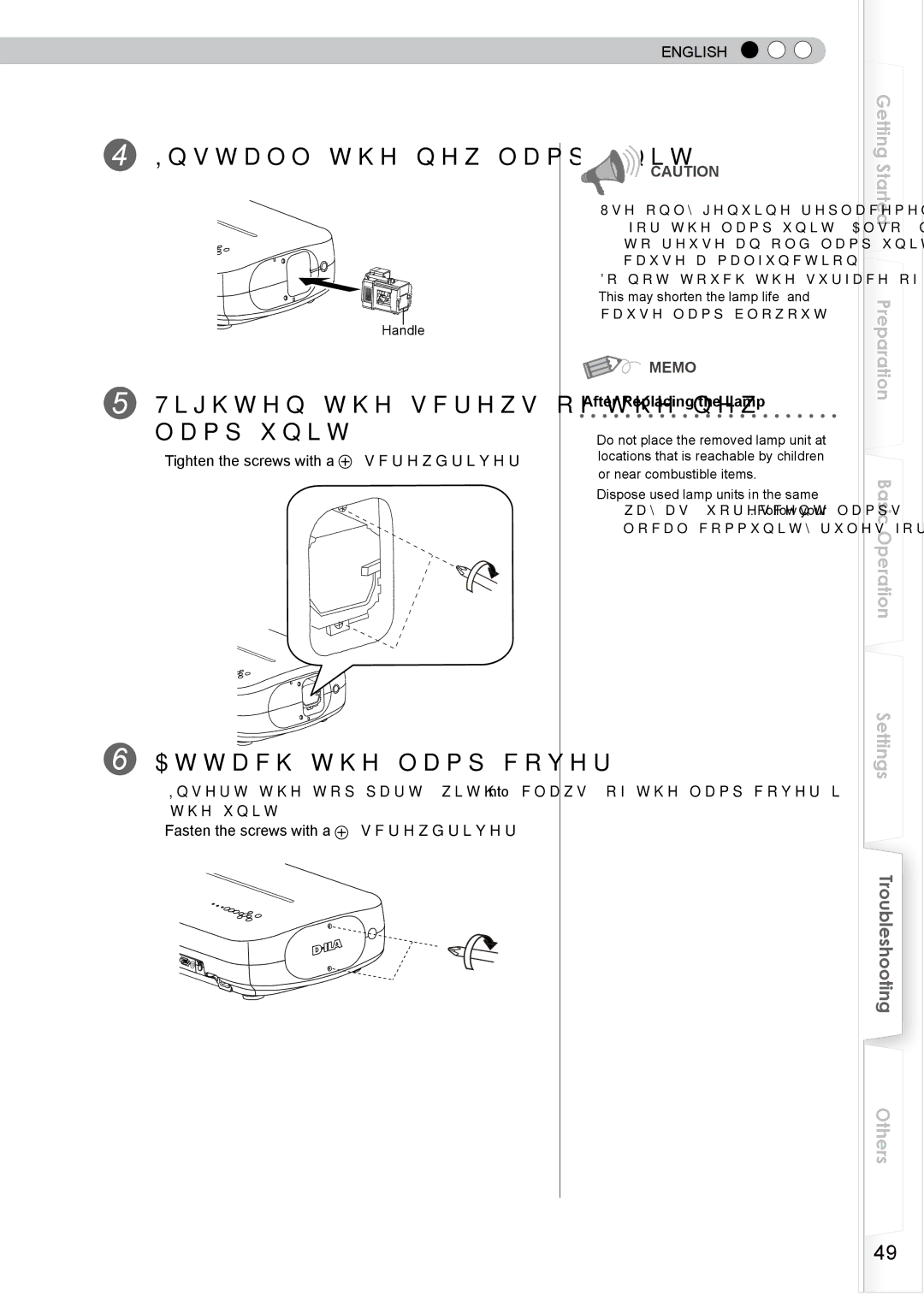 JVC PB006596599-0 manual Install the new lamp unit, Tighten the screws of the new lamp unit, Attach the lamp cover 