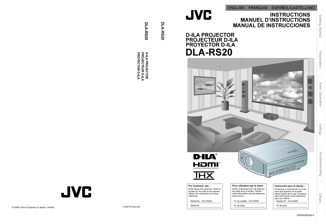 JVC PB006596599-0 manual DLA-RS20, D-Ila Projector, Projecteur D-Ila, Proyector D-Ila, Manuel D’Instructions, Others 