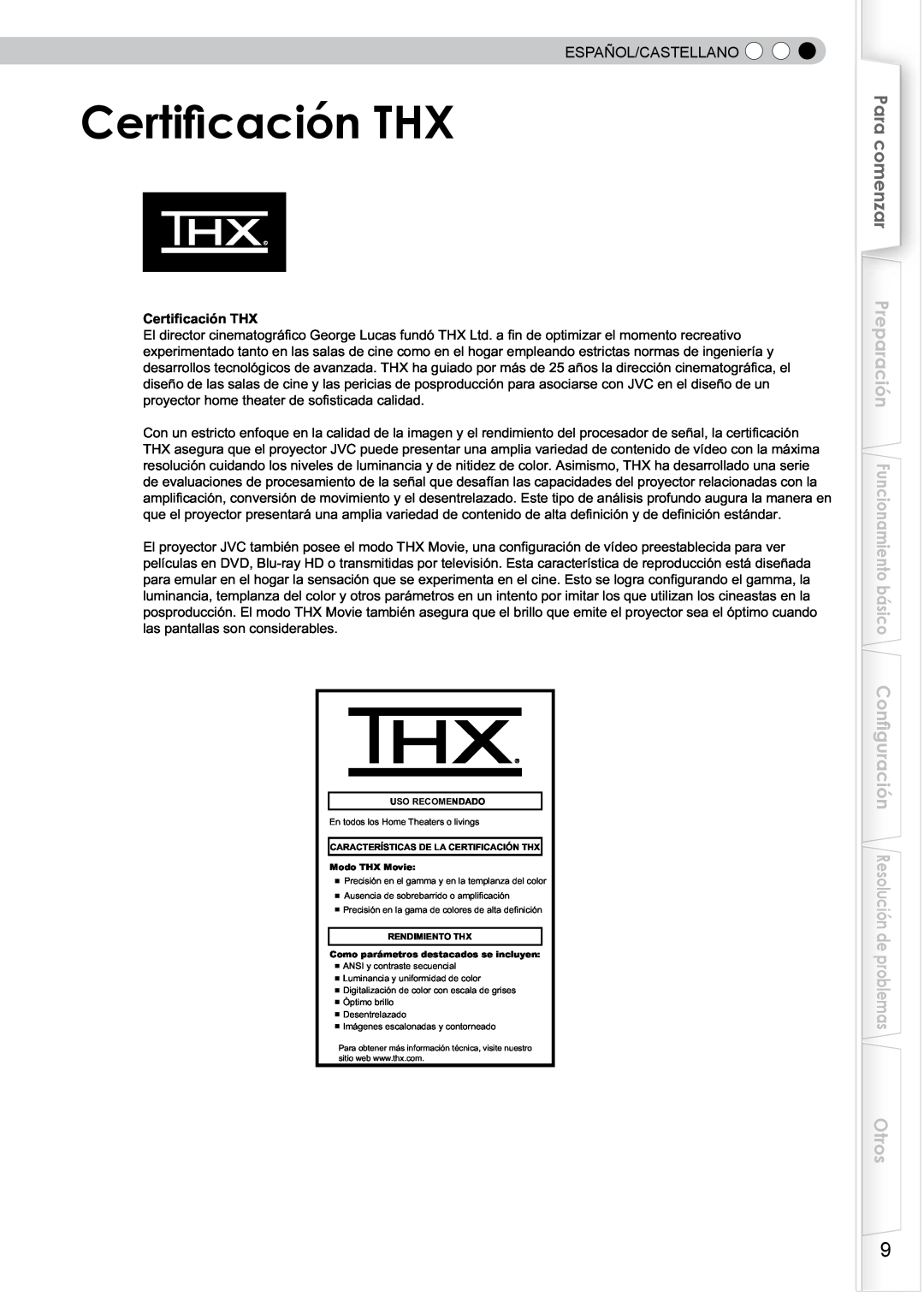 JVC PB006596599-0 manual Certificación THX, Para comenzar, Otros, Español/Castellano 