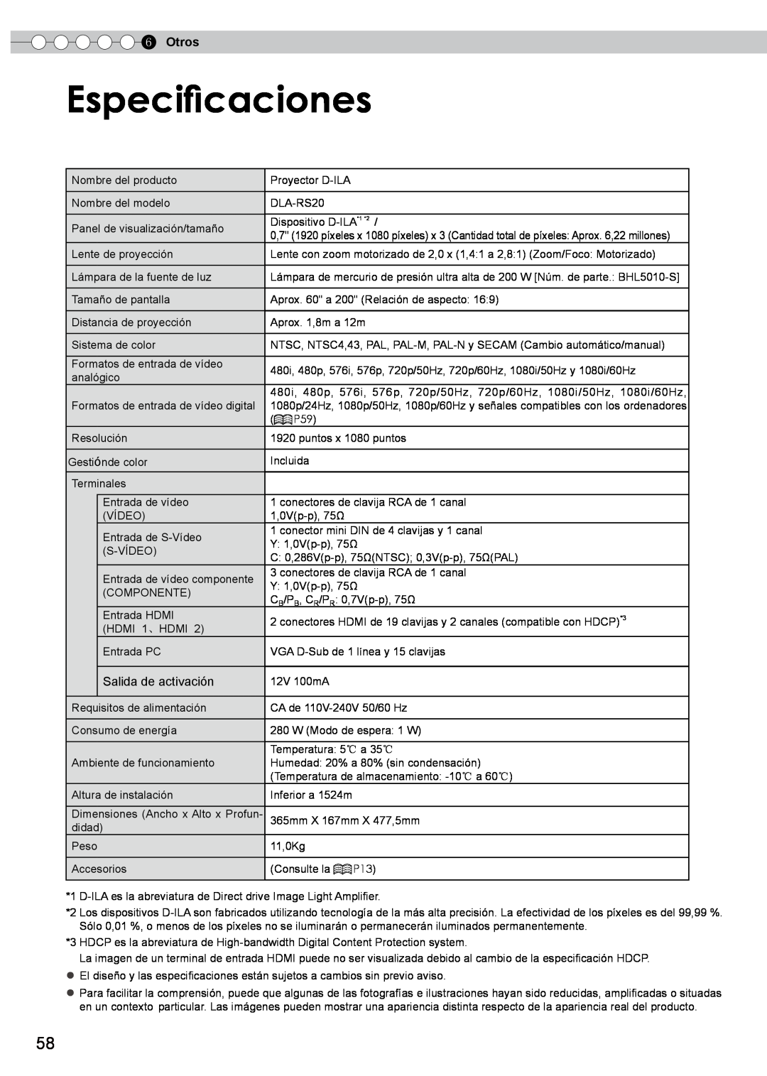 JVC PB006596599-0 manual Especificaciones, Otros, Salida de activación 