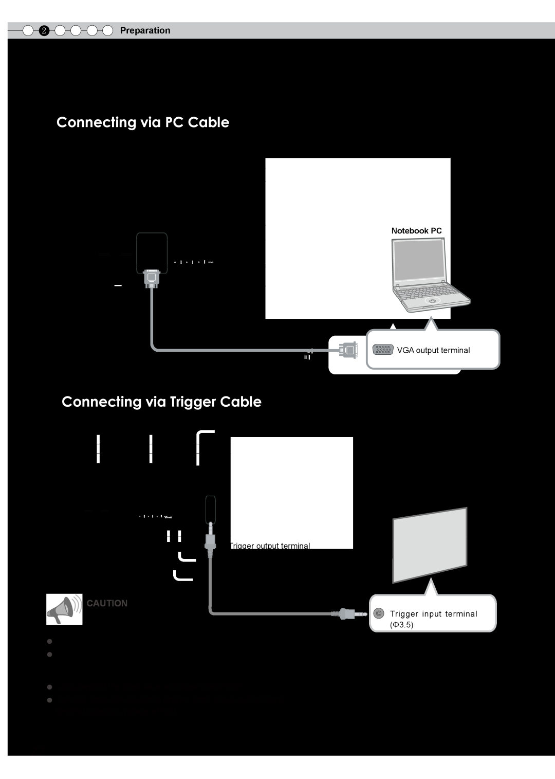 JVC PB006596599-0 manual Connecting via PC Cable, Connecting via Trigger Cable, ConnectingContinued, Preparation 