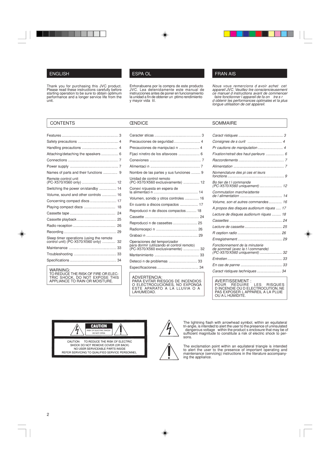 JVC PC-X570BK, PC-X550BK, PC-X560BK system manual English Español Français, Contents Índice Sommaire 