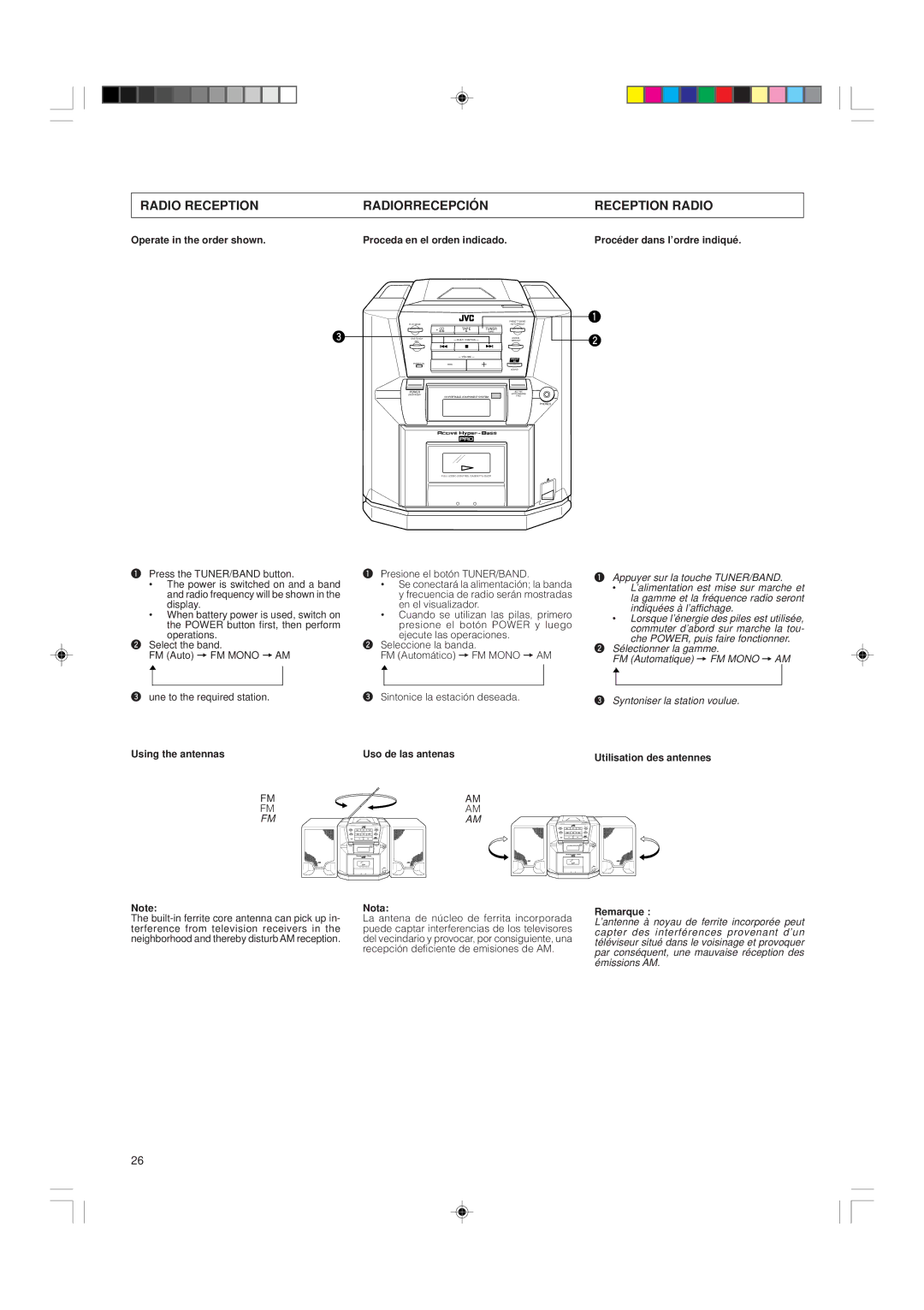 JVC PC-X570BK Radio Reception Radiorrecepción, Using the antennas, Uso de las antenas, Utilisation des antennes, Nota 