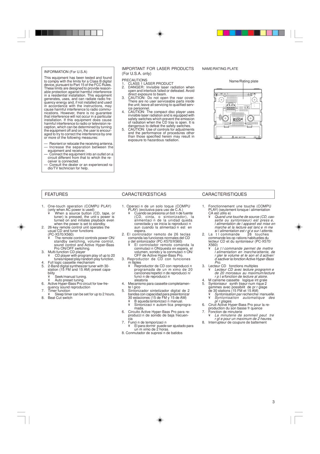 JVC PC-X550BK, PC-X560BK, PC-X570BK Features Características Caracteristiques, Important for Laser Products For U.S.A. only 