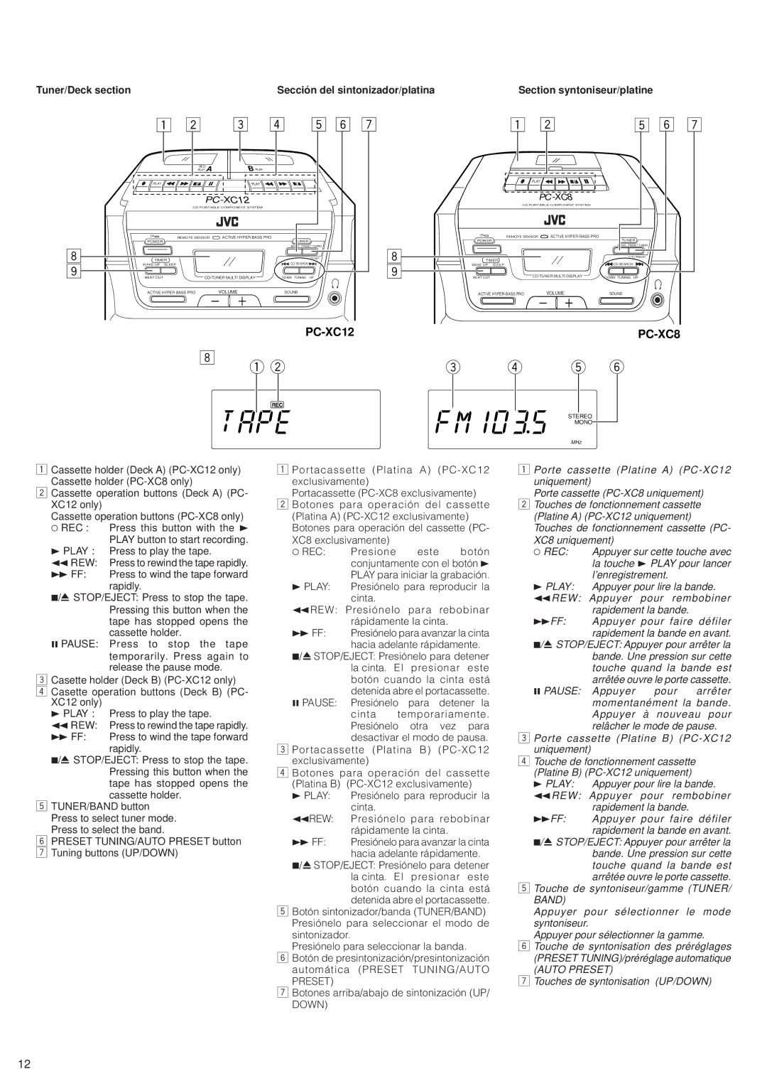 JVC PC-XC8, PC-XC12 manual Tuner/Deck section, Section syntoniseur/platine 