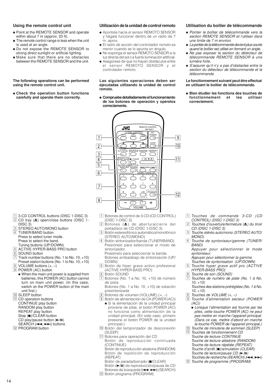 JVC PC-XC8, PC-XC12 manual Using the remote control unit, Utilización de la unidad de control remoto 