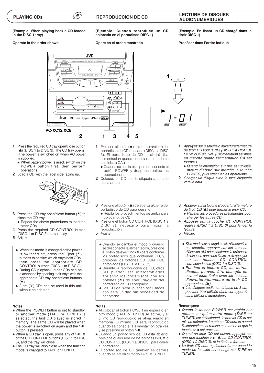 JVC PC-XC8 manual Reproduccion DE CD, Lecture DE Disques Audionumeriques, PC-XC12/XC8, Ejemplo Cuando reproduce un CD 