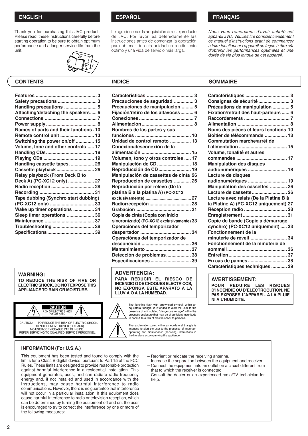 JVC PC-XC8, PC-XC12 manual Contents Indice Sommaire, Advertencia, Avertissement 