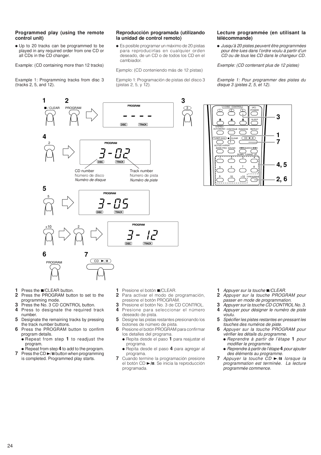 JVC PC-XC8, PC-XC12 manual Programmed play using the remote control unit, Lecture programmée en utilisant la télécommande 