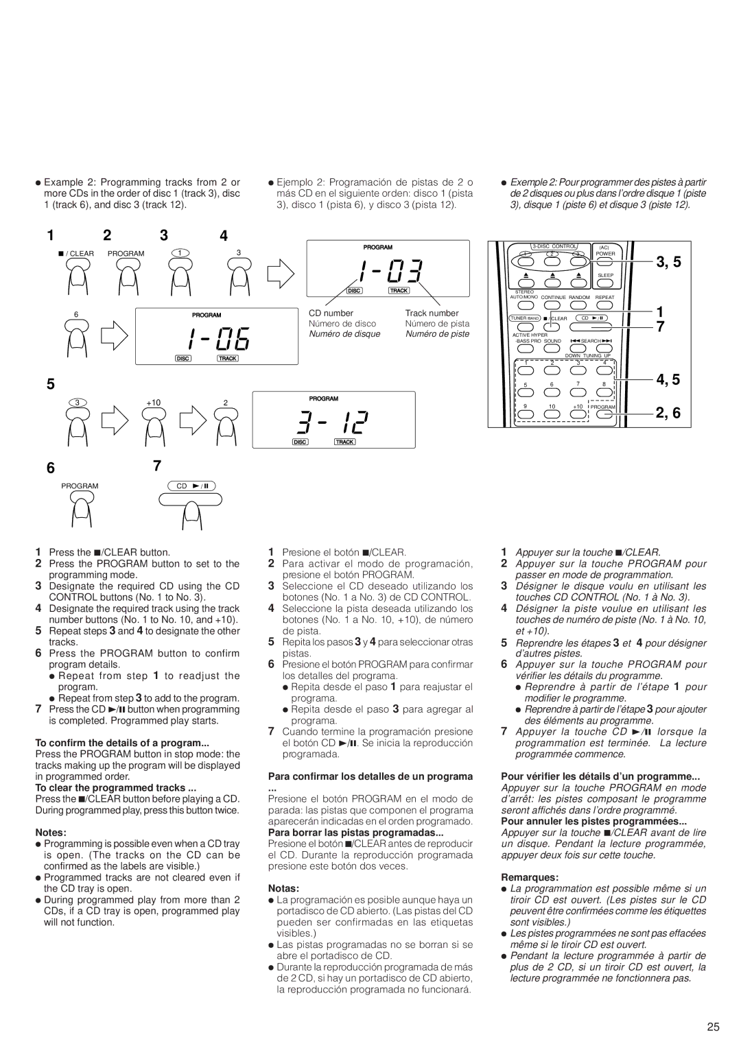 JVC PC-XC12 manual To confirm the details of a program, To clear the programmed tracks, Para borrar las pistas programadas 