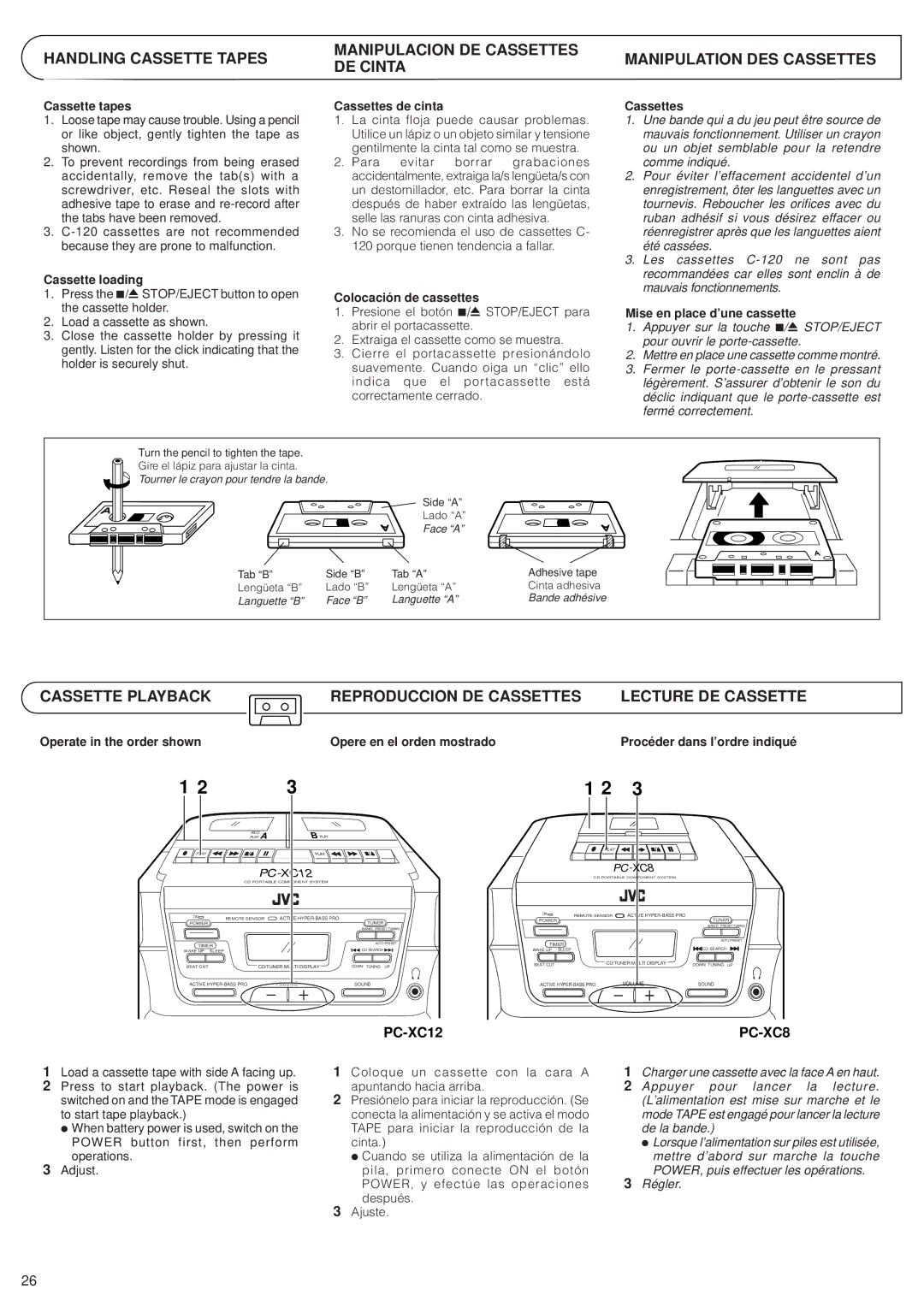 JVC PC-XC8 Cassette tapes, Cassette loading, Cassettes de cinta, Colocación de cassettes, Mise en place d’une cassette 