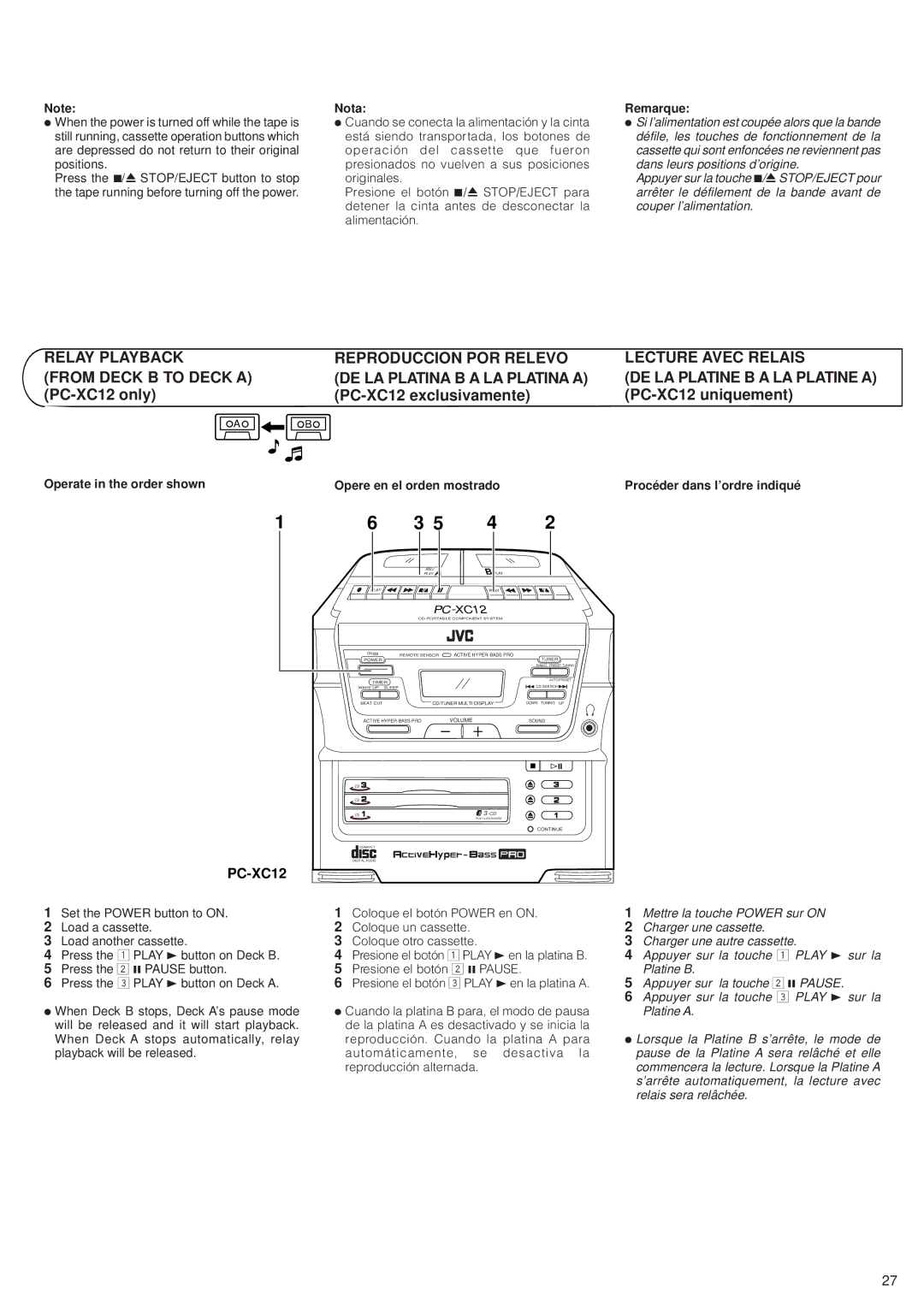 JVC PC-XC12, PC-XC8 manual Relay Playback, Reproduccion POR Relevo, Lecture Avec Relais, Operate in the order shown Nota 