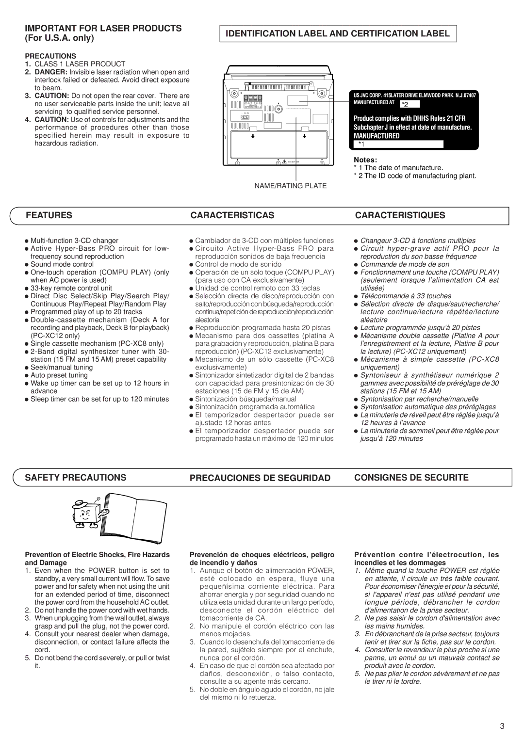 JVC PC-XC12, PC-XC8 manual Identification Label and Certification Label, Features Caracteristicas Caracteristiques 