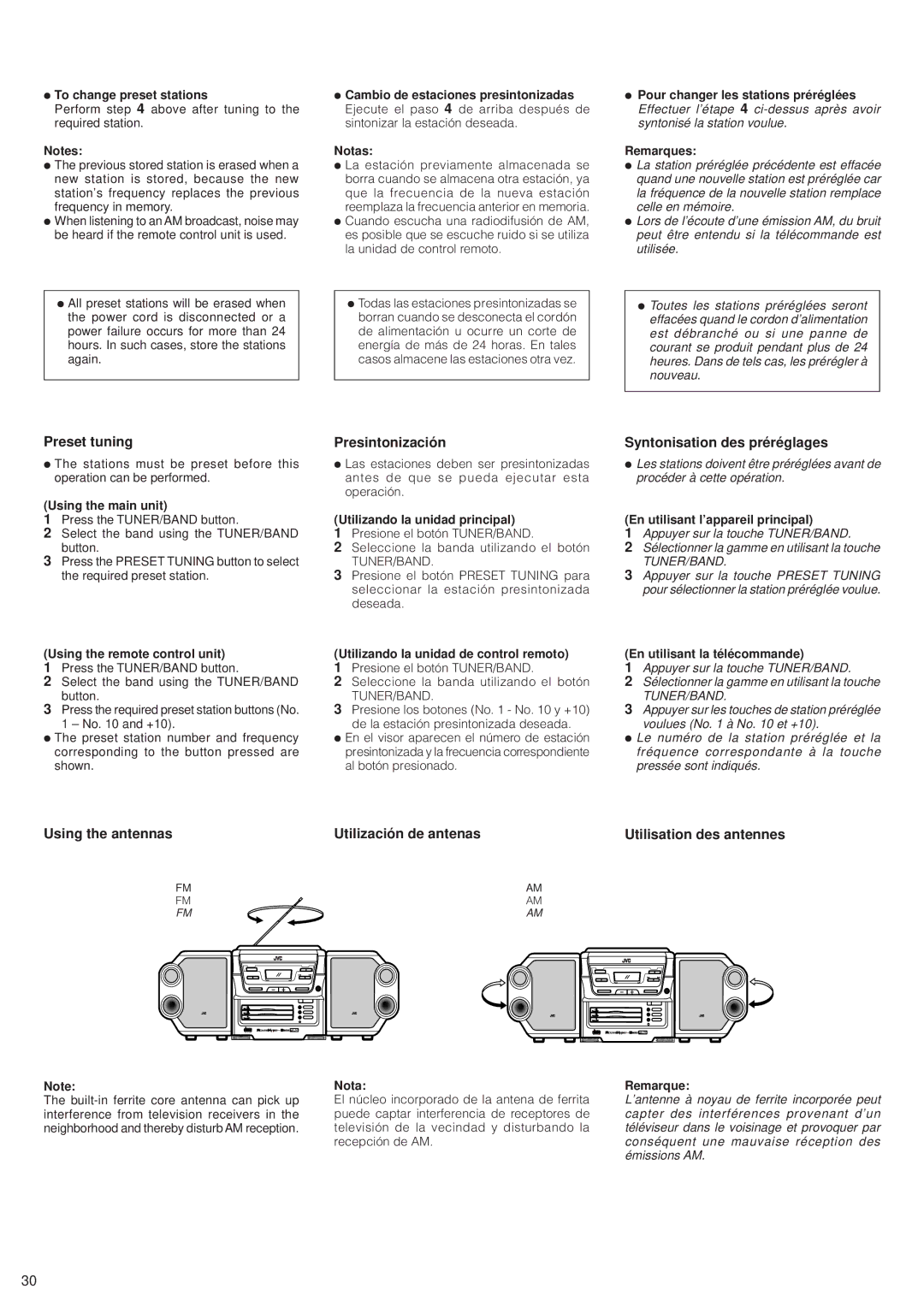 JVC PC-XC8 manual Preset tuning, Using the antennas Presintonización, Utilización de antenas Syntonisation des préréglages 