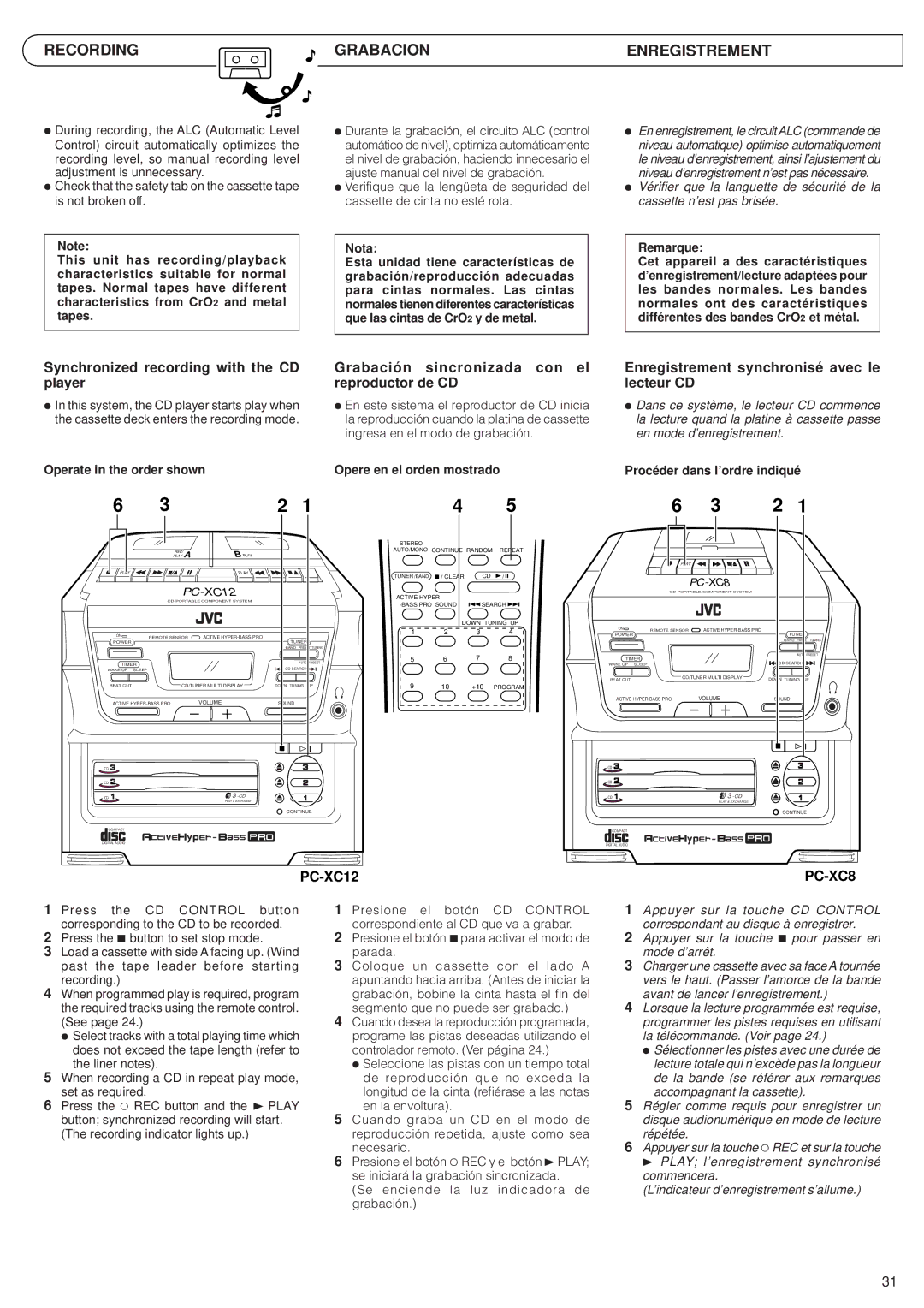 JVC PC-XC12, PC-XC8 manual Recording Grabacion Enregistrement, Synchronized recording with the CD player 