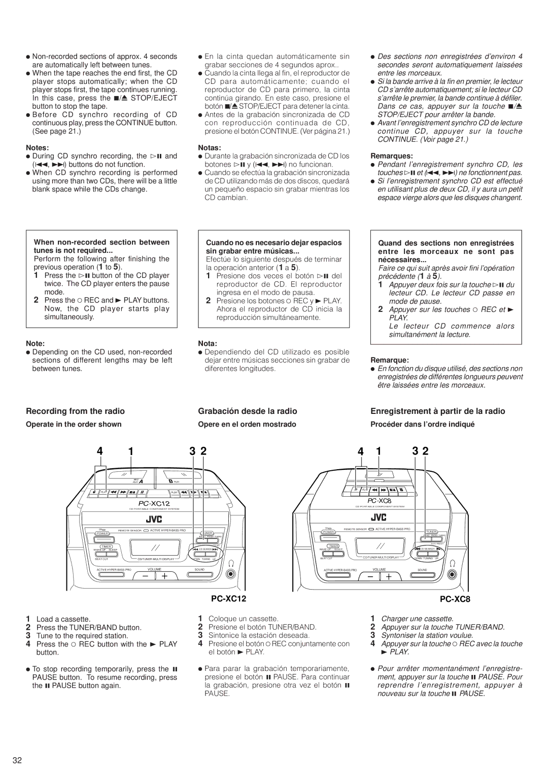 JVC PC-XC8, PC-XC12 manual Recording from the radio Grabación desde la radio, Enregistrement à partir de la radio 